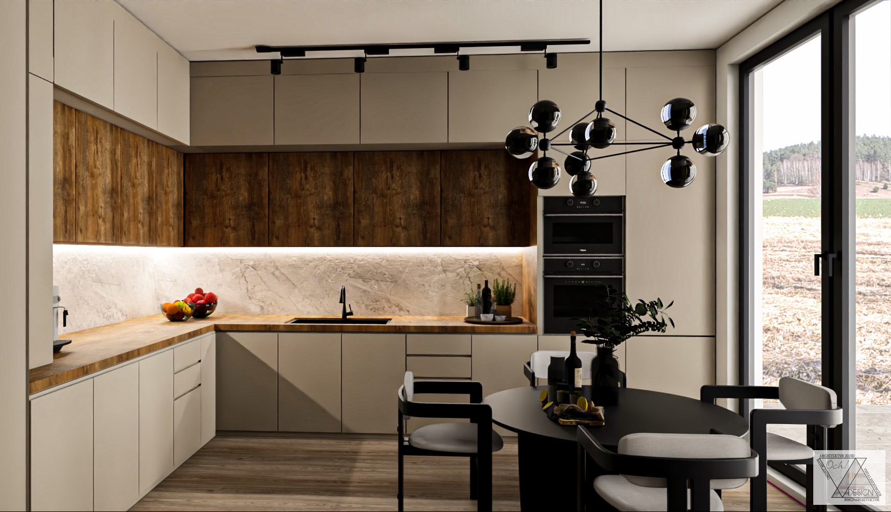 Nowoczesna kuchnia z drewnianymi akcentami, oświetleniem punktowym i okrągłym stołem jadalnym, widok na krajobraz za oknem.