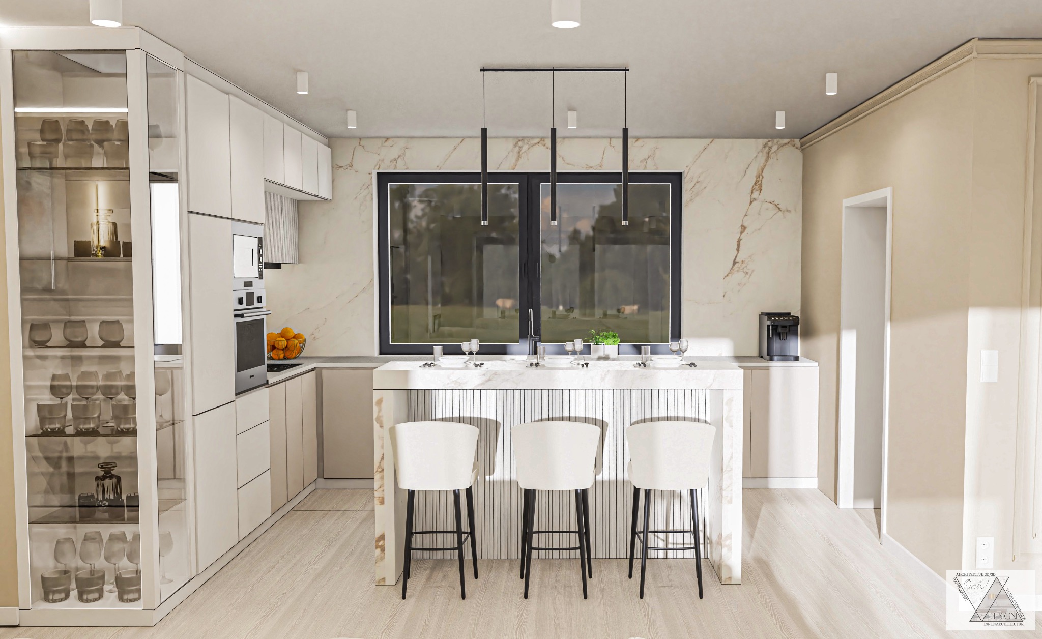 Wizualizacja nowoczesnej, jasnej kuchni z marmurowym blatem, wyspą i trzema białymi hokerami. Duże okno z widokiem na zieleń. Szklana witryna z dekoracyjnym szkłem. Minimalistyczne oświetlenie.