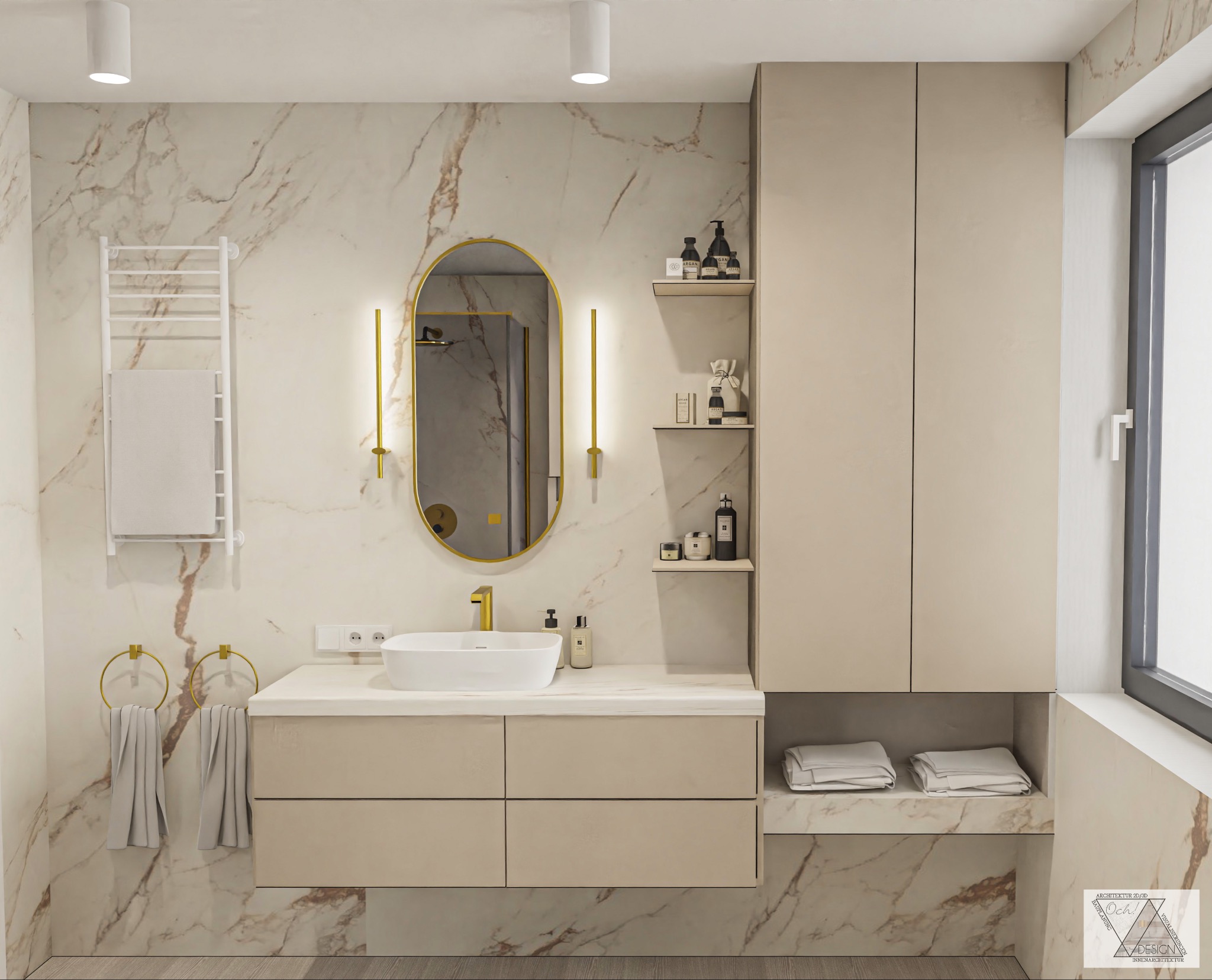 Elegancka łazienka w odcieniach beżu i bieli z marmurowymi ścianami, owalnym lustrem z podświetleniem LED, umywalką nablatową i grzejnikiem drabinkowym z ręcznikiem.