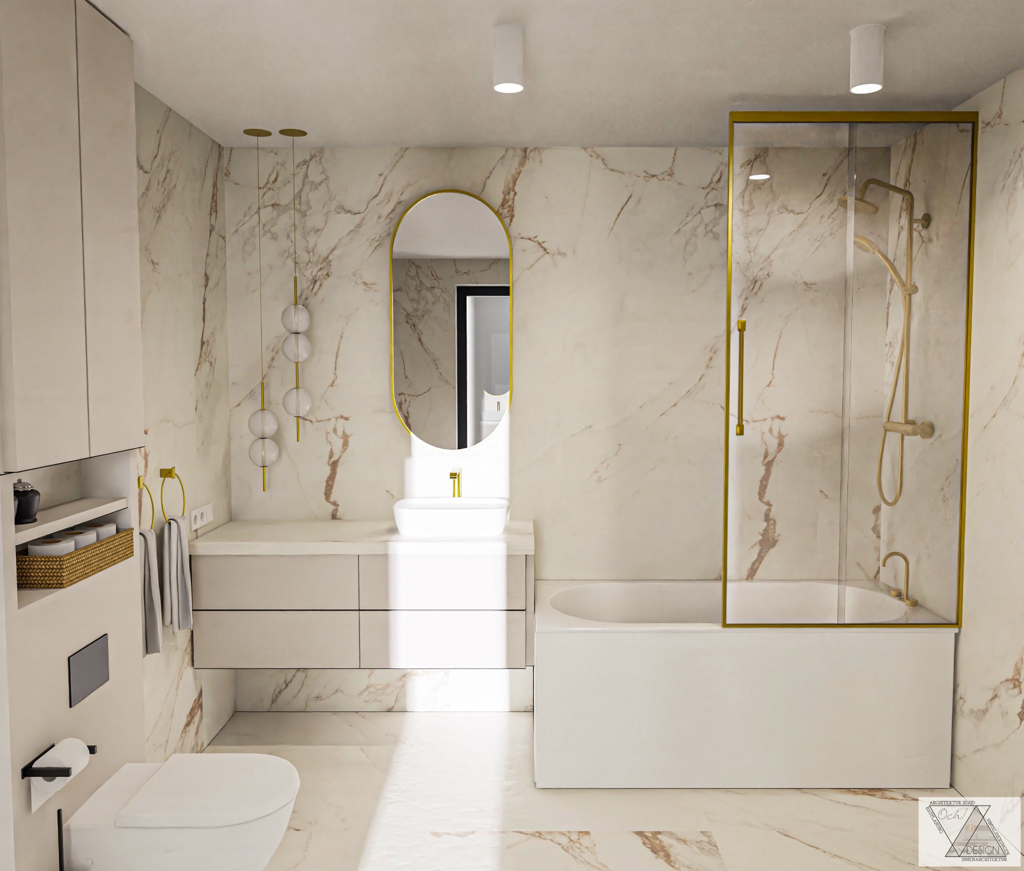 Elegancka łazienka z marmurowymi ścianami, owalnym lustrem w złotej ramie, białą umywalką nablatową, kabiną prysznicową ze złotymi elementami oraz wiszącą toaletą.
