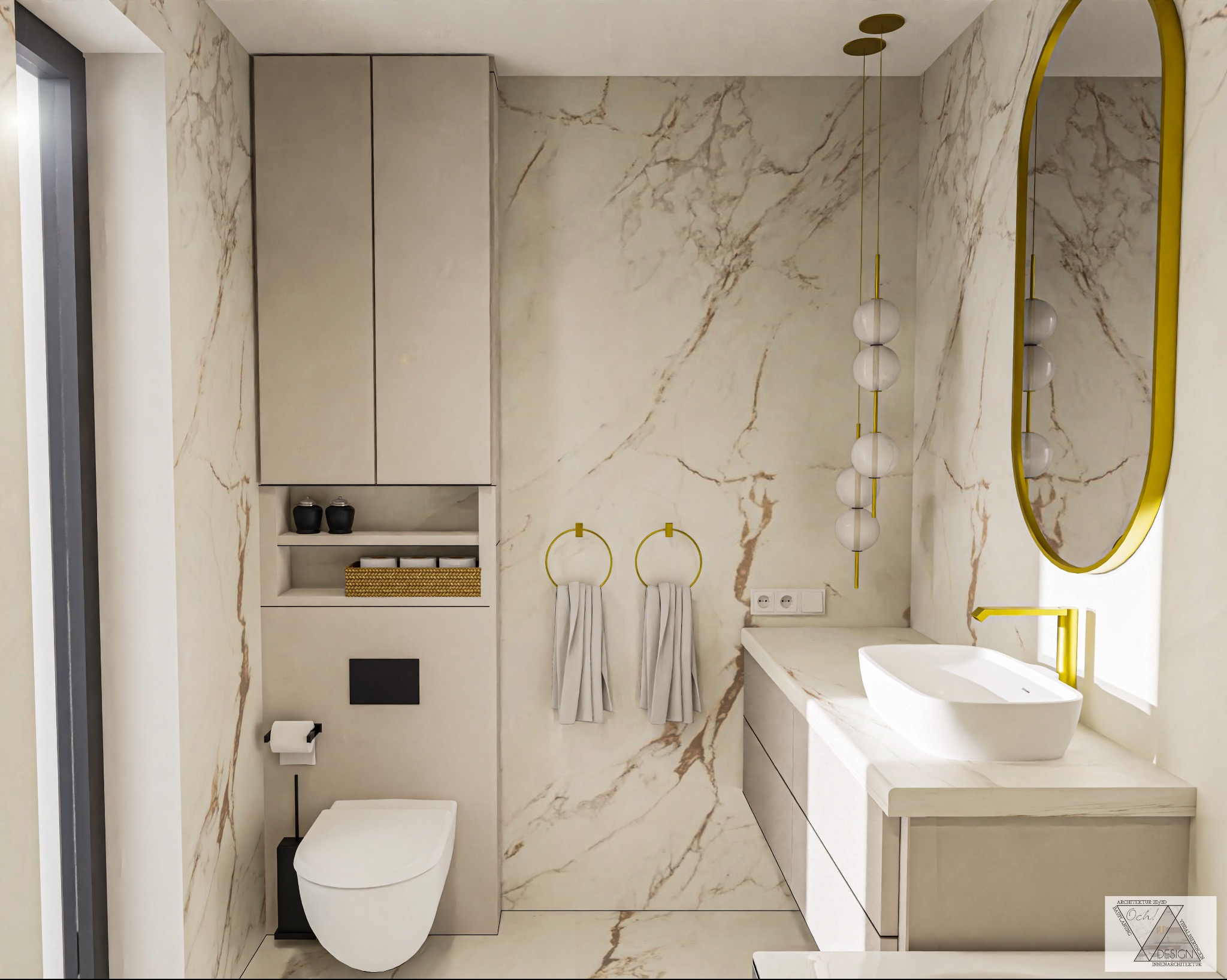 Nowoczesna łazienka z marmurowymi ścianami, owalnym lustrem w złotej ramie, wiszącą lampą kulistą, białą umywalką nablatową z złotą baterią, toaletą i szafką wiszącą w odcieniach beżu.