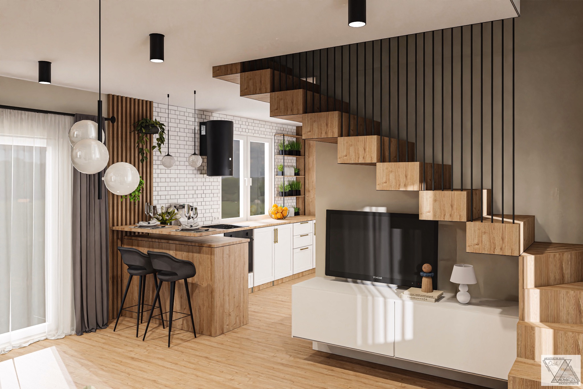 Nowoczesne wnętrze domu w Bad Grönenbach: otwarta kuchnia z wyspą, schody z drewnianych bloków z czarnymi barierkami, białe meble i podłoga z paneli, widok na salon z telewizorem.