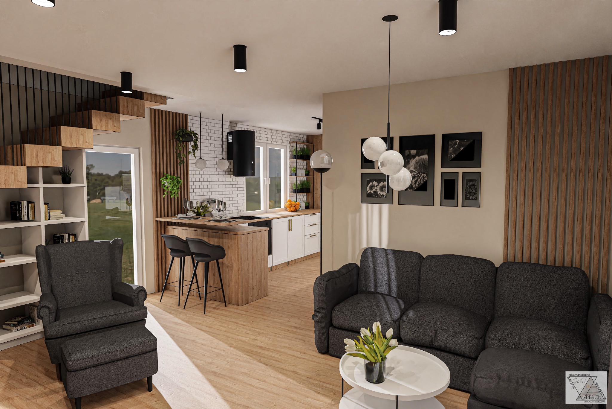 Wnętrze otwartego mieszkania z salonem połączonym z kuchnią, drewniane wykończenia, szara sofa i fotel, białe ściany i podłoga, nowoczesne oświetlenie, schody z biblioteczką.