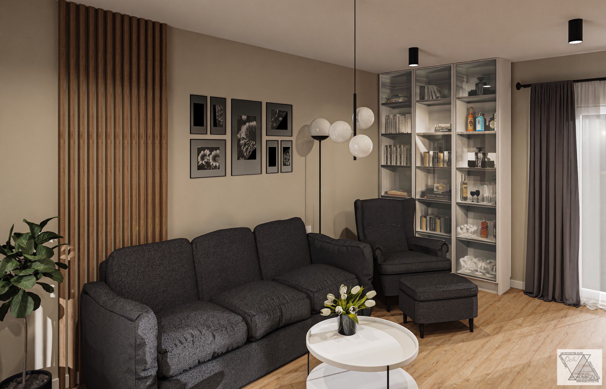 Wizualizacja salonu z szarą sofą, fotel z podnóżkiem, przeszklone regały z dekoracjami, drewniana okładzina ścienna i galeria czarno-białych zdjęć.