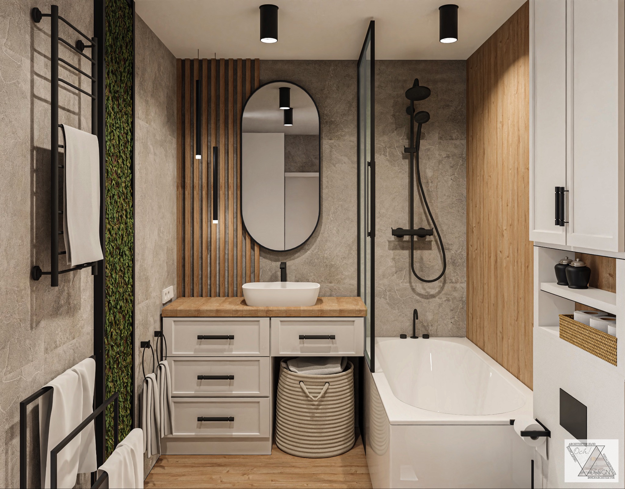 Wizualizacja nowoczesnej łazienki z drewnianymi akcentami, owalnym lustrem, białą umywalką nablatową, czarną armaturą i zieloną ścianą z roślin.
