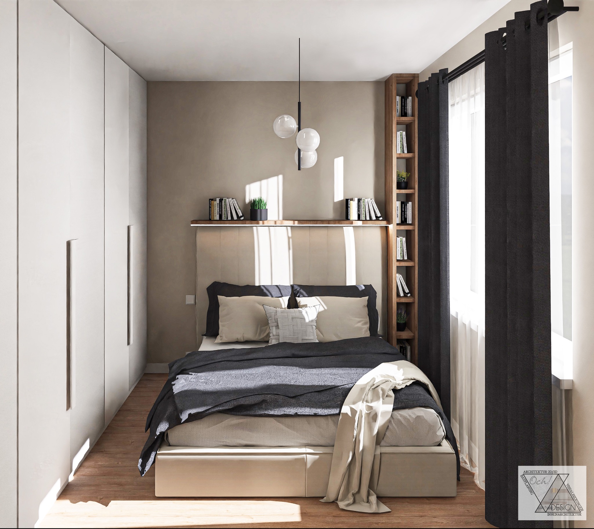 Wizualizacja sypialni w neutralnych barwach z łóżkiem, szafą w zabudowie, drewnianym regałem na książki i lampą wiszącą z trzema kulami.
