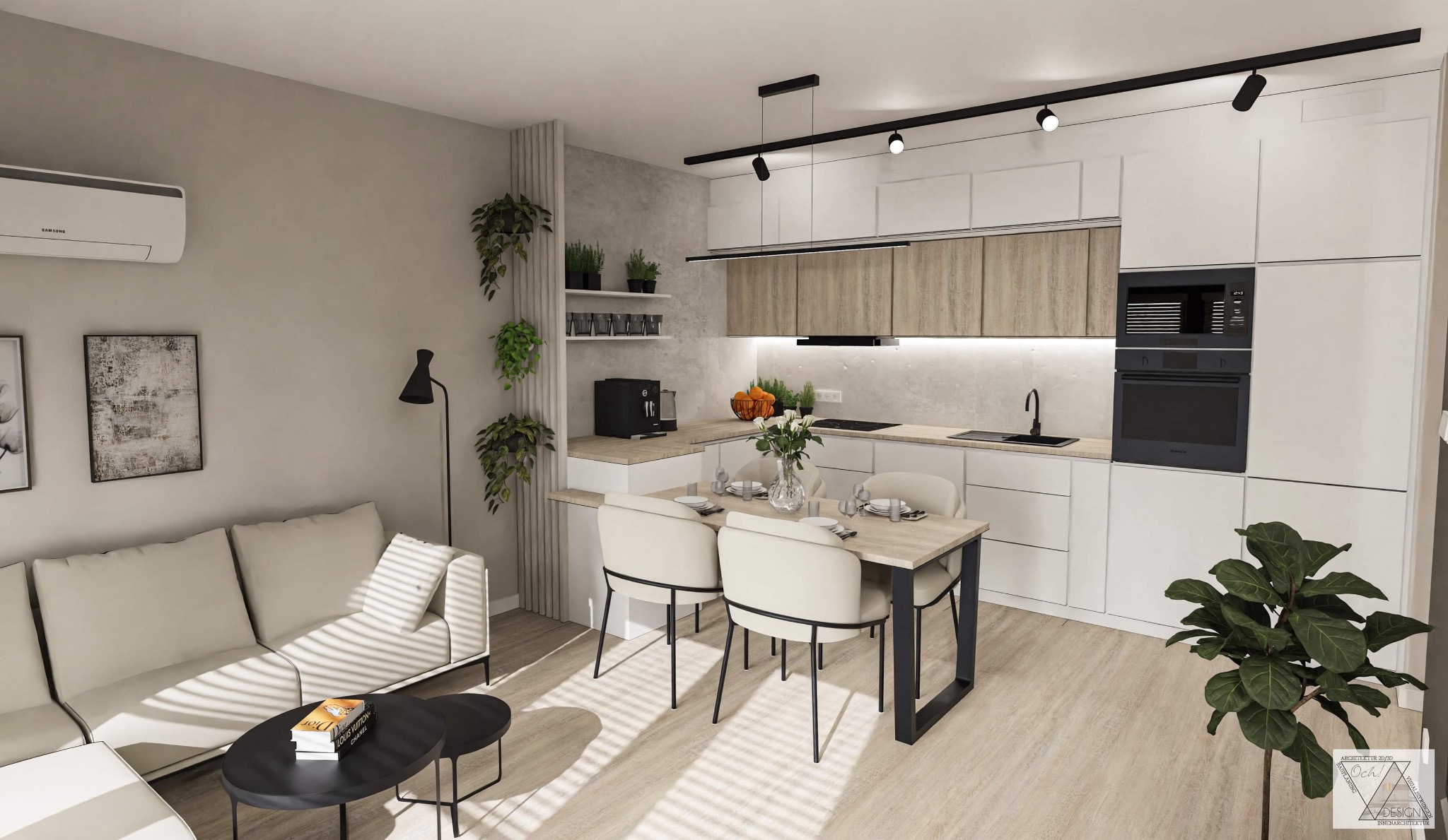 Wizualizacja salonu z aneksem kuchennym: jasna sofa, czarny stolik kawowy z książkami, stół jadalny z krzesłami, białe szafki kuchenne z drewnianymi akcentami, oświetlenie punktowe i wiszące rośliny.