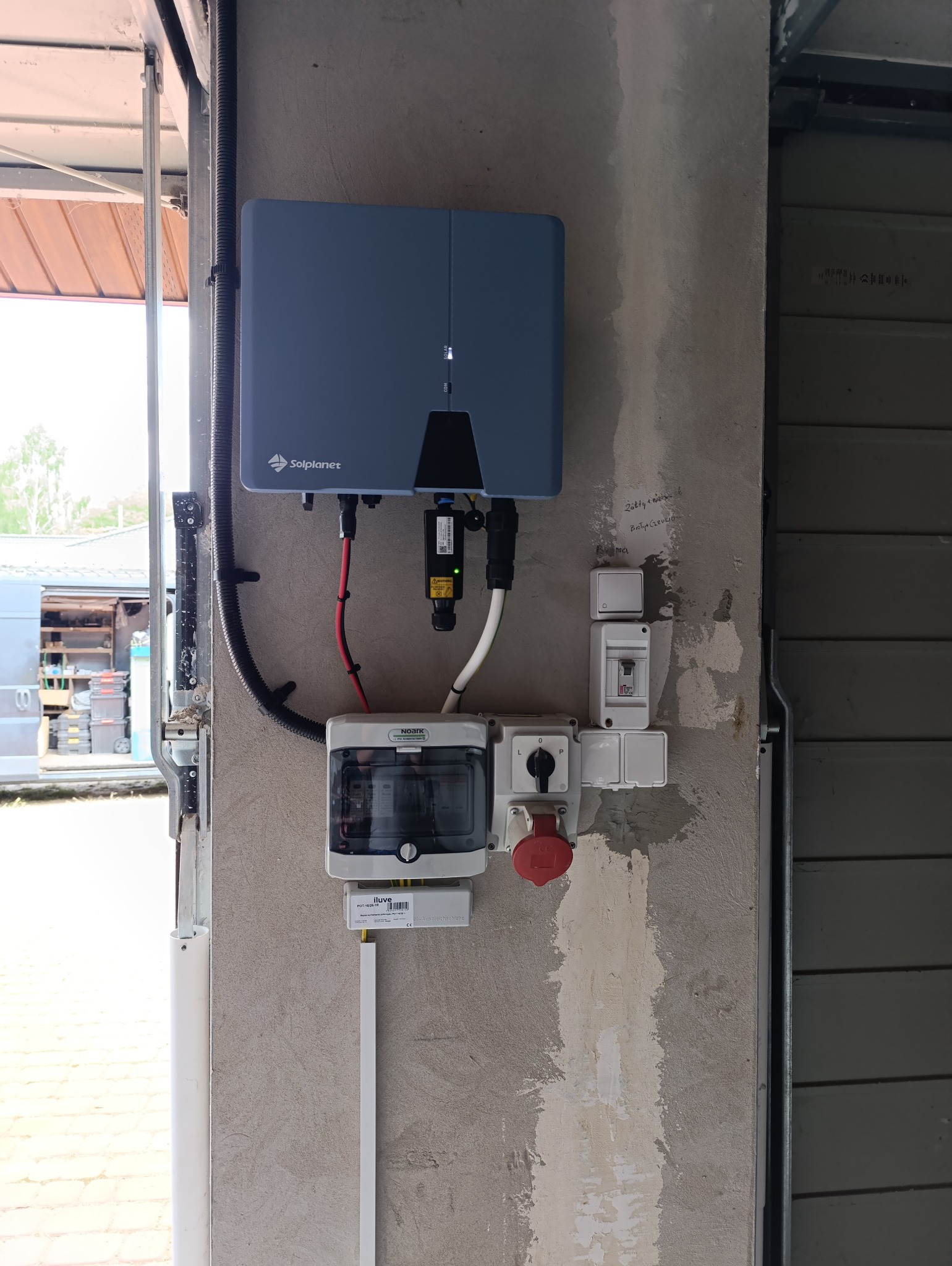 Szary inwerter fotowoltaiczny Solplanet zamontowany na szarej, surowej ścianie garażu, z widocznymi przewodami, zabezpieczeniami i gniazdem siłowym. Na ścianie widnieją notatki odręczne.