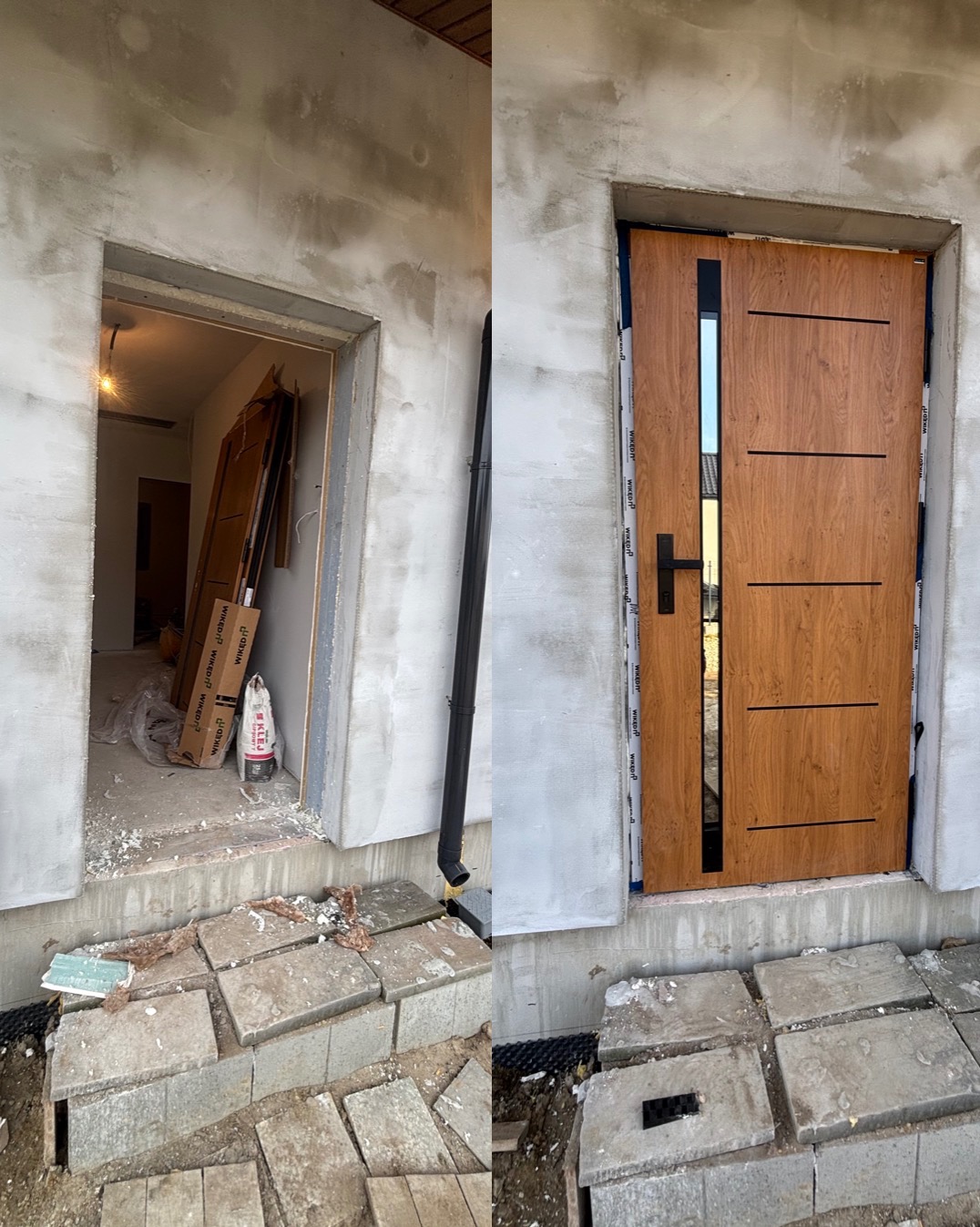 Zdjęcie typu 'przed i po' przedstawia montaż drzwi zewnętrznych z drewnopodobnym wykończeniem. Po lewej surowy otwór, po prawej zamontowane drzwi z czarnymi akcentami.