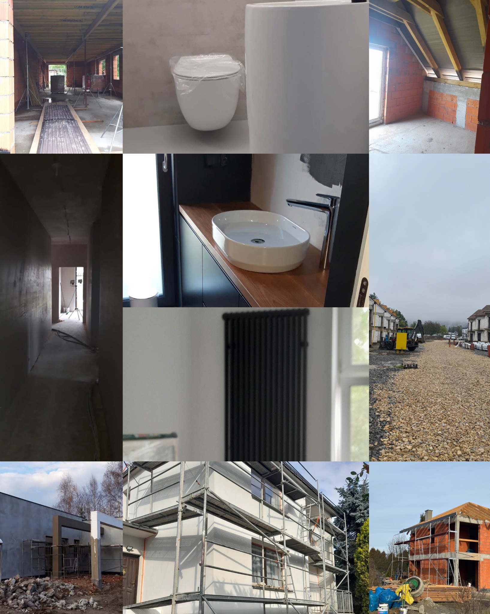 Mozaika zdjęć z różnych etapów remontu: surowy stan, łazienka z ceramiką, elewacja ze rusztowaniem, budowa domu w trakcie prac.