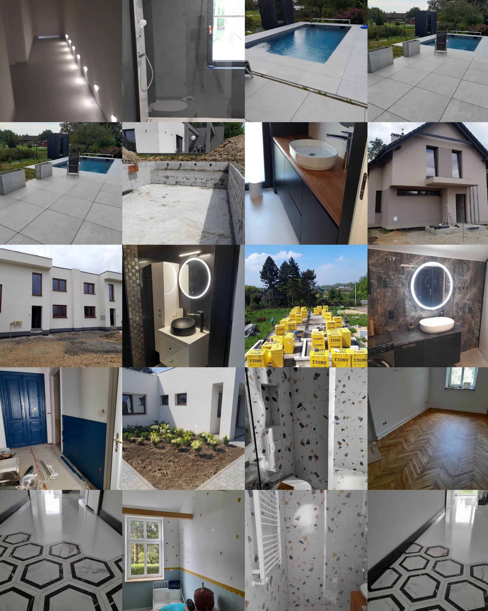 Zestawienie zdjęć z różnych etapów prac budowlanych i wykończeniowych: łazienki, elewacje, podłogi, basen, instalacje. Nowoczesne wnętrza i elementy architektury.