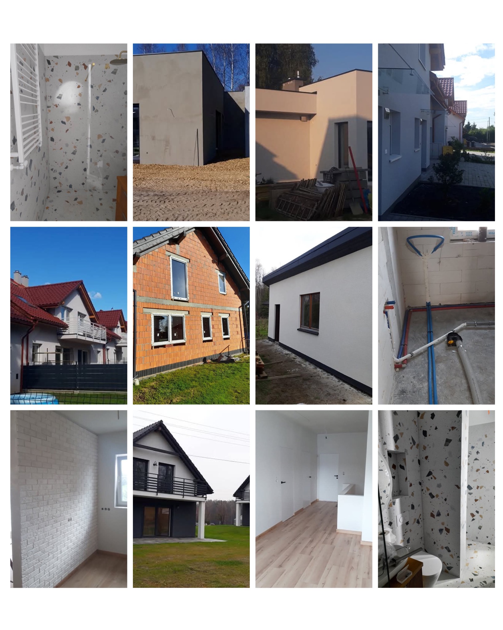 Zestaw zdjęć: wykończona łazienka z mozaiką, elewacje domów w różnym stanie, wnętrze z ceglaną ścianą i parkietem, instalacja wodna w surowym pomieszczeniu.