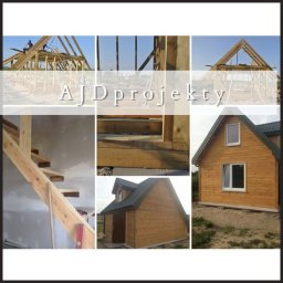 AJD PROJEKTY SPÓŁKA Z OGRANICZONĄ ODPOWIEDZIALNOŚCIĄ - Kolaż zdjęć z budowy domu szkieletowego: konstrukcja dachu w różnych etapach, fragment fundamentu, drewniane schody w trakcie montażu z poziomicą, gotowa elewacja domu z drewnianą okładziną.