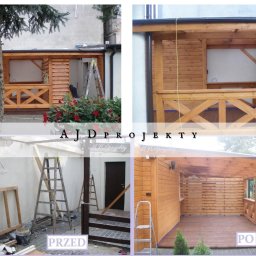 AJD PROJEKTY SPÓŁKA Z OGRANICZONĄ ODPOWIEDZIALNOŚCIĄ - Kolaż zdjęć prezentujący drewnianą konstrukcję altany lub zadaszonego tarasu, ukazujący etapy przed i po realizacji, z widocznymi detalami konstrukcyjnymi i wykończeniowymi.