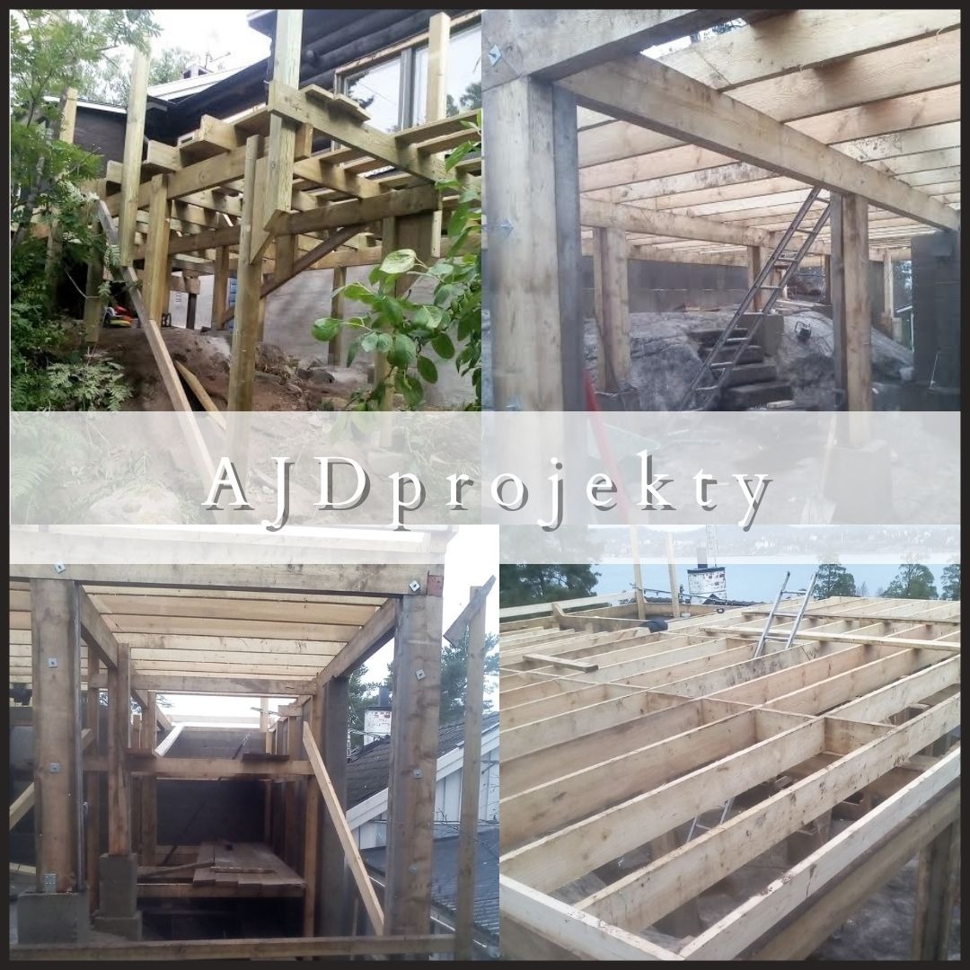 Kolaż zdjęć przedstawiający drewniane konstrukcje w różnych fazach budowy: szkielet tarasu z widocznymi belkami i słupami, konstrukcja stropu z deskami, schody zewnętrzne z kamienia, całość...