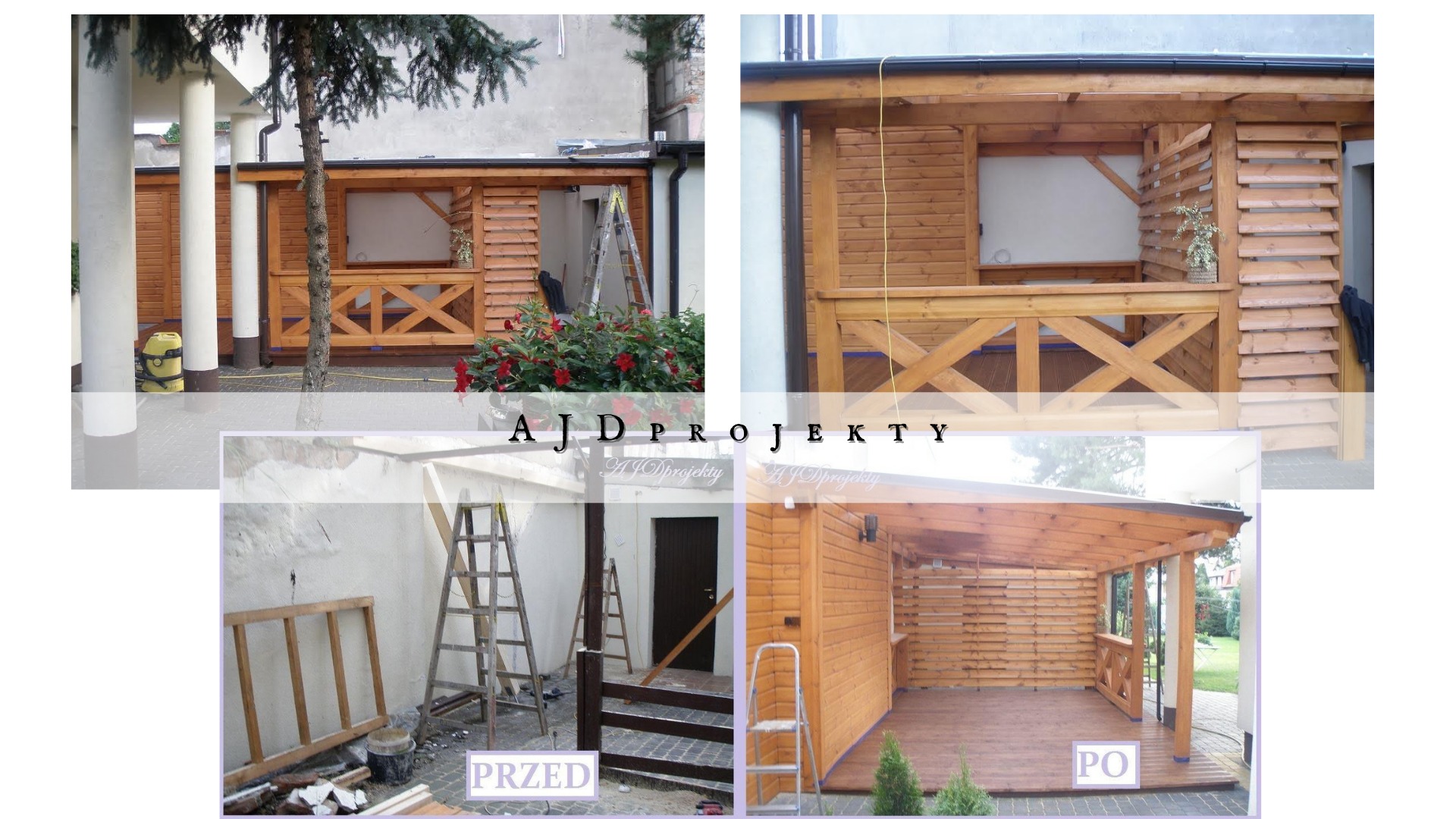 Kolaż zdjęć prezentujący drewnianą konstrukcję altany lub zadaszonego tarasu, ukazujący etapy przed i po realizacji, z widocznymi detalami konstrukcyjnymi i wykończeniowymi.