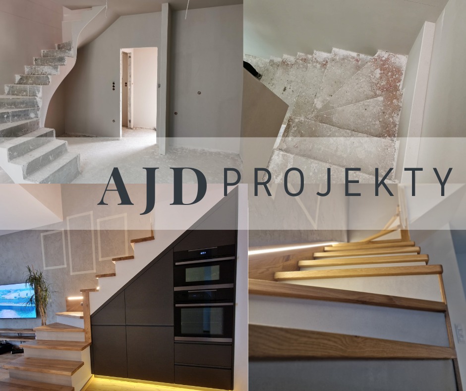 Kolaż przedstawia etapy budowy schodów wewnątrz domu, od surowego stanu z betonu po wykończone drewnem z oświetleniem LED, z zabudową kuchenną pod schodami i logo firmy 'AJD Projekty' nałożonym...