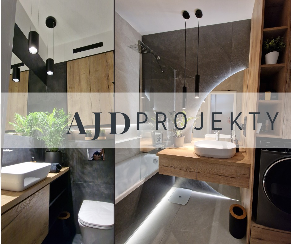 Nowoczesna łazienka z szarymi płytkami, drewnianymi akcentami, podświetleniem LED pod szafką, wiszącymi lampami i roślinami w doniczkach, prezentująca aranżację z umywalką nablatową i kabiną...