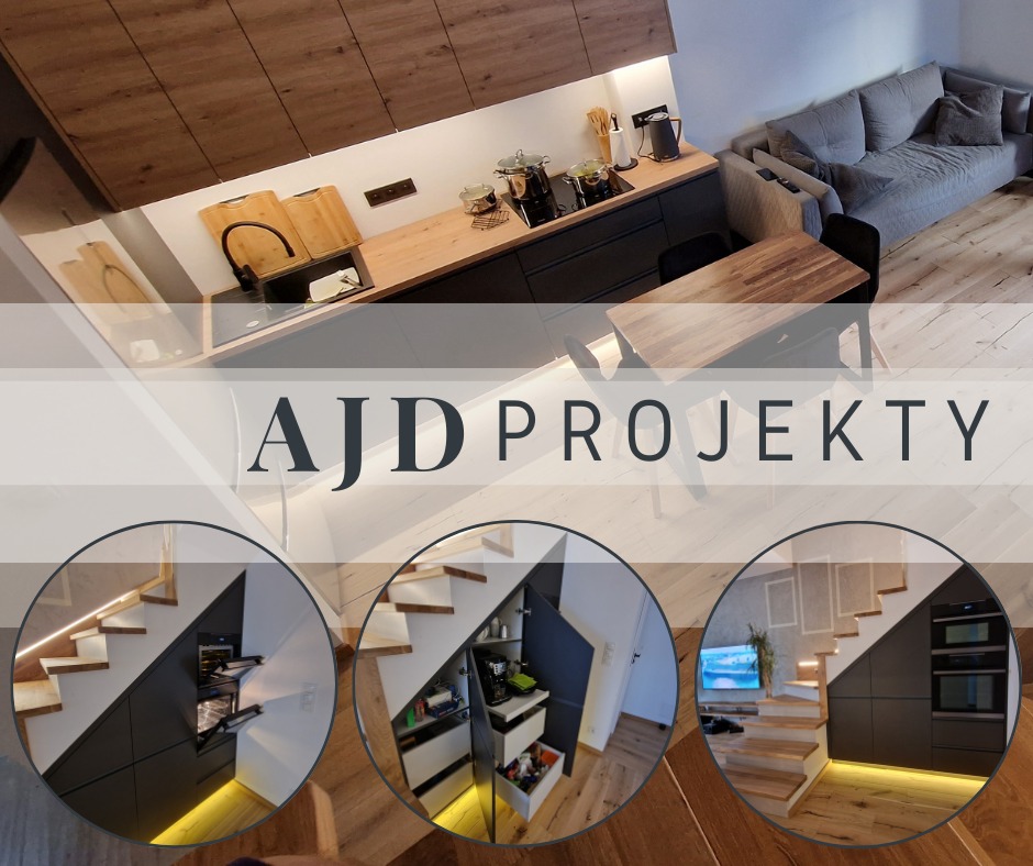 Wnętrze mieszkania z aneksem kuchennym, sofą i stołem jadalnym, pod schodami zabudowa z szafkami i piekarnikiem, oświetlenie LED, w tle logo firmy AJD PROJEKTY.