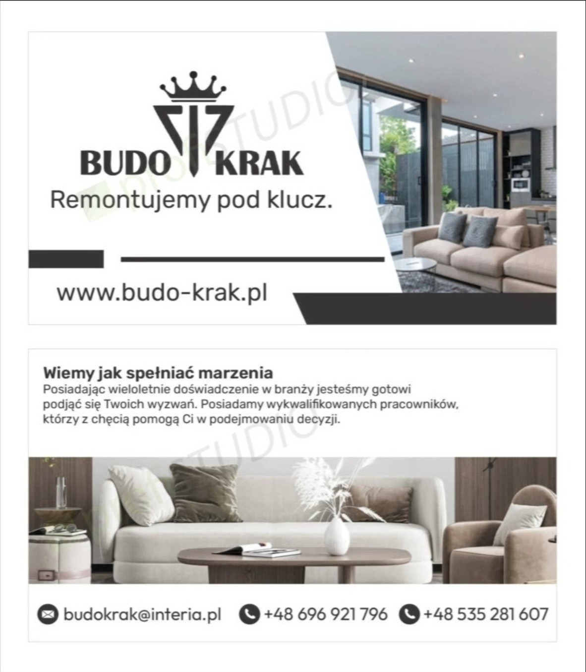 Reklama firmy remontowej Budo Krak z logo, hasłem 'Remontujemy pod klucz', adresem strony internetowej i numerami telefonów, prezentująca aranżacje wnętrz.