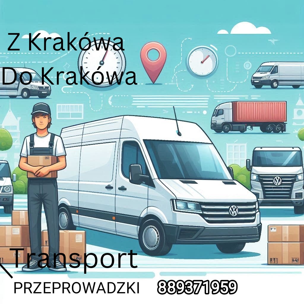 Grafika przedstawiająca pracownika firmy transportowej trzymającego karton na tle białego busa, z napisem 'Z Krakowa Do Krakowa' i numerem telefonu.