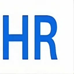 Niebieski napis HR na białym tle.