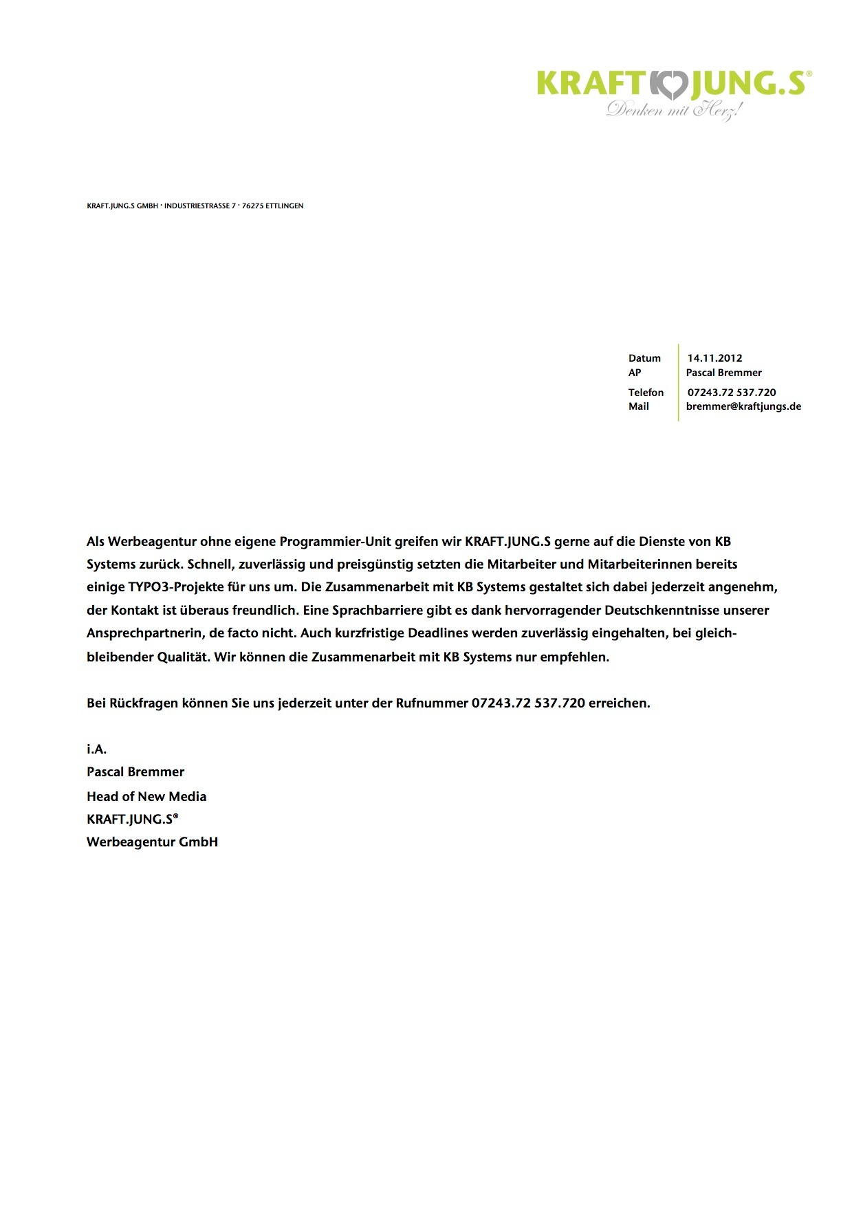 Dokument firmowy Kraft.Jung.S z Niemiec, datowany na 14.11.2012, przedstawiający dane kontaktowe i referencje dotyczące współpracy z KB Systems.