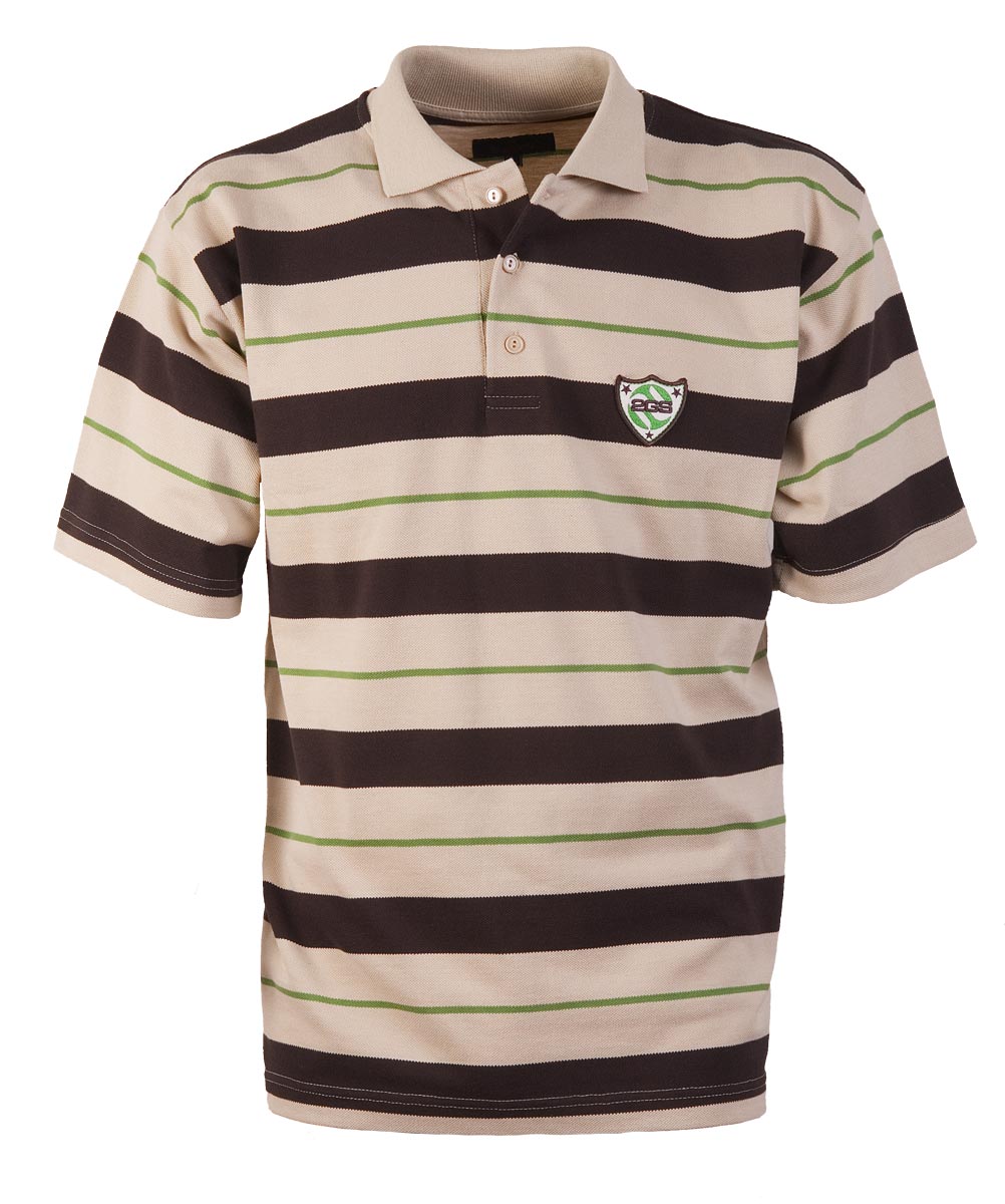 Koszulka polo w beżowo-brązowe paski z zielonymi akcentami i naszywką z logo na piersi.
