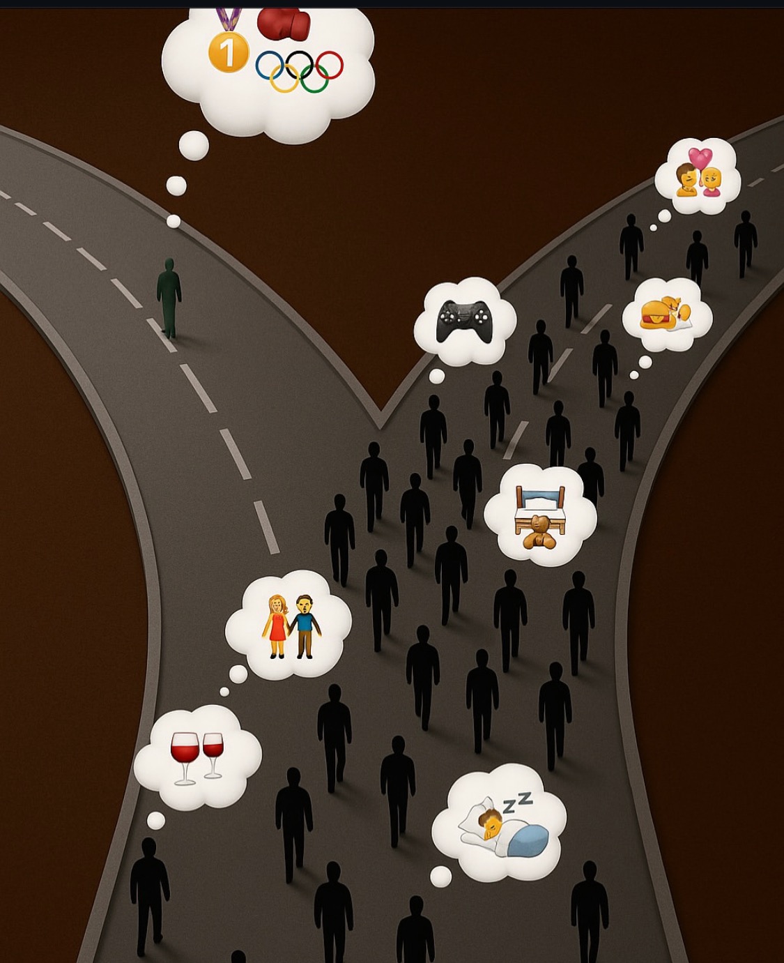 Rozdroże z sylwetkami ludzi, gdzie jedna ścieżka prowadzi do sukcesu sportowego, a druga do życia osobistego z różnymi przyjemnościami. Grafika koncepcyjna.