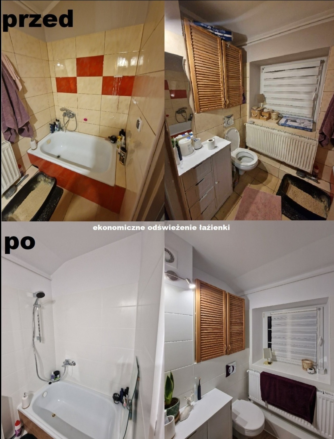 Porównanie łazienki przed i po remoncie: widoczne zmiany w kolorystyce płytek, armaturze oraz ogólnym wystroju, z naciskiem na odświeżenie i ekonomiczne zmiany.