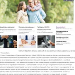 Zrzut ekranu strony internetowej Grolimund Digital Bank, prezentujący rodzinę: matkę, ojca i córkę, oraz oferty bankowe takie jak przelewy międzynarodowe, bezpieczeństwo płatności i bankowość...