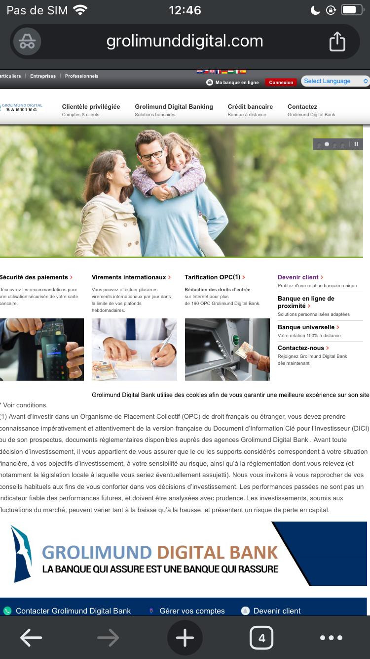 Zrzut ekranu strony internetowej Grolimund Digital Bank, prezentujący rodzinę: matkę, ojca i córkę, oraz oferty bankowe takie jak przelewy międzynarodowe, bezpieczeństwo płatności i bankowość...