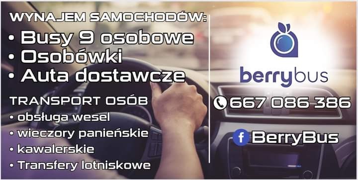 Reklama firmy transportowej Berrybus z listą usług: wynajem busów 9-osobowych, aut osobowych i dostawczych, obsługa wesel, wieczorów panieńskich, kawalerskich oraz transferów lotniskowych, numer...