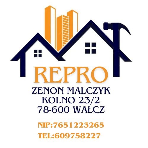Logo firmy REPRO z motywem domów i budynków, zawierające dane kontaktowe: imię i nazwisko, adres, NIP i numer telefonu.