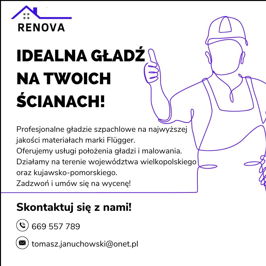Reklama firmy Renova oferującej idealne gładzie na ścianach, z informacją o użyciu materiałów marki Flügger i obszarze działania w województwach wielkopolskim i kujawsko-pomorskim, kontakt...
