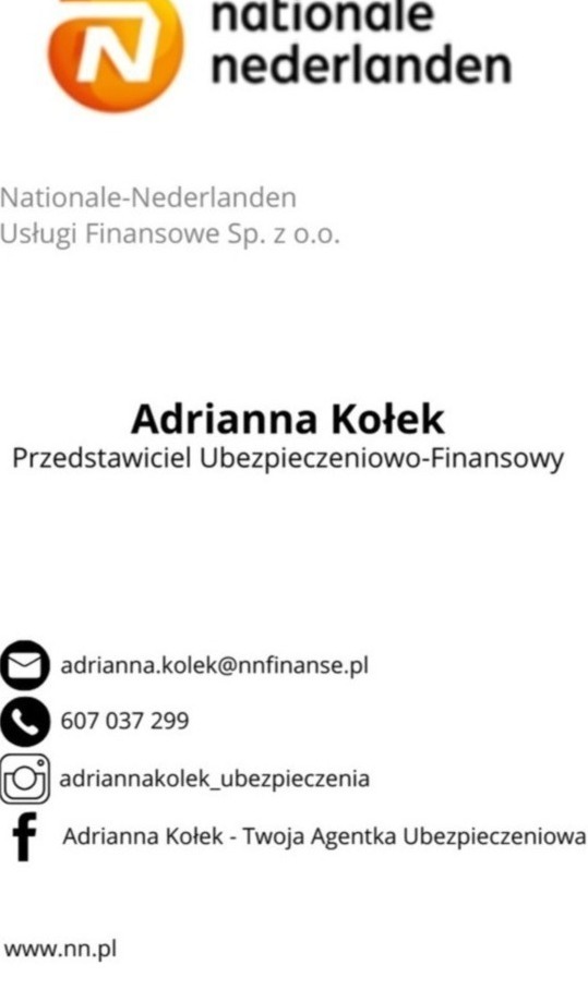 Wizytówka przedstawiciela ubezpieczeniowo-finansowego Adrianny Kołek z logo Nationale-Nederlanden, adresem e-mail, numerem telefonu, kontem na Instagramie i Facebooku oraz adresem strony internetowej.