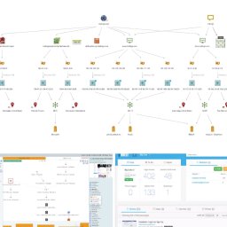 OSINTOWNIA PROSTA SPÓŁKA AKCYJNA - Graficzna wizualizacja struktury sieci z adresami IP, nazwami domen i lokalizacjami geograficznymi, uzupełniona o zrzuty ekranu interfejsów narzędzi do analizy danych.