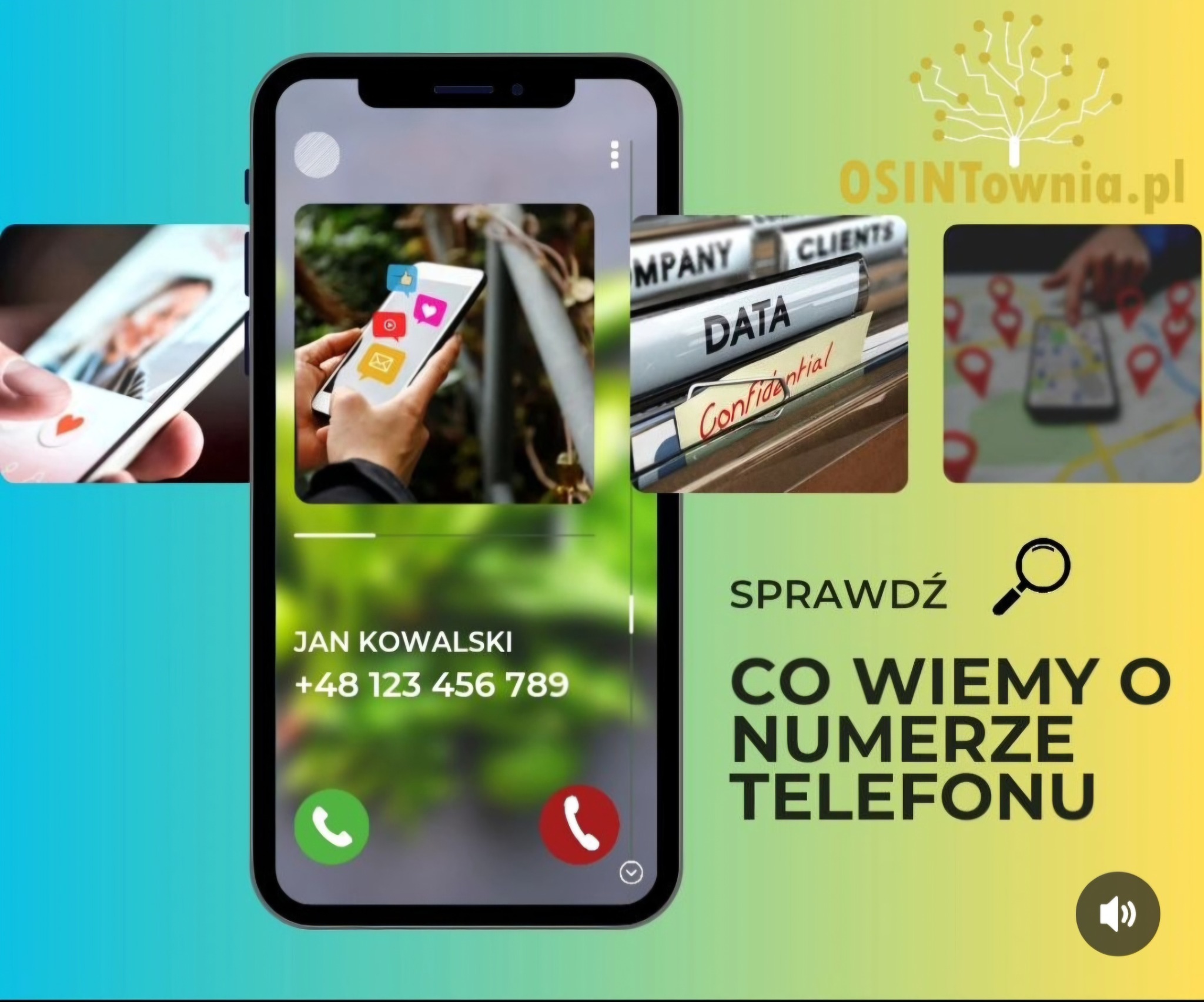 Grafika reklamowa z wkomponowanym smartfonem prezentującym dane kontaktowe 'Jan Kowalski' i hasłem 'Sprawdź co wiemy o numerze telefonu', obok ikony aplikacji randkowej, archiwum danych z napisem...