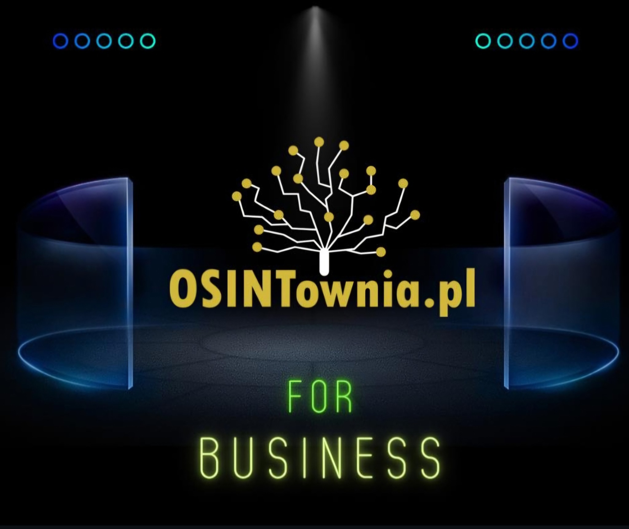 Grafika z logo OSINTownia.pl stylizowanym na drzewo z połączeniami sieciowymi na czarnym tle z neonowymi elementami, promująca usługi dla biznesu.