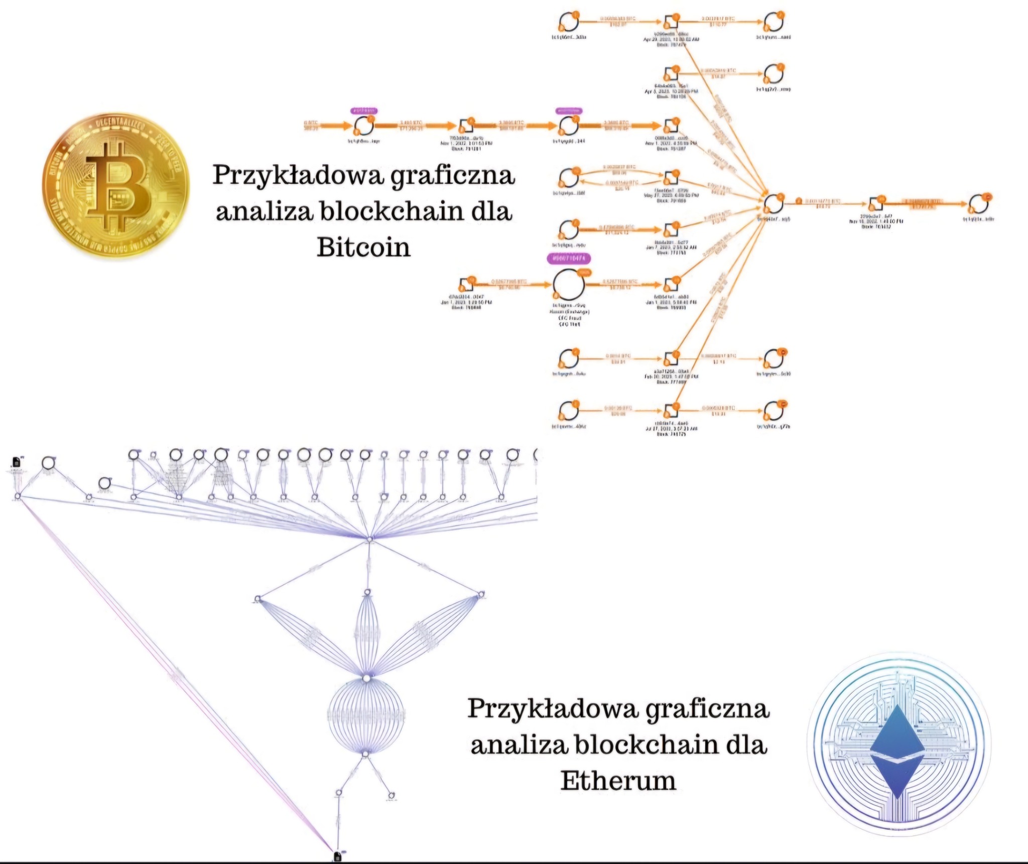 Graficzne przedstawienie analizy blockchain dla Bitcoin i Ethereum, z widocznymi diagramami transakcji i przepływu danych.