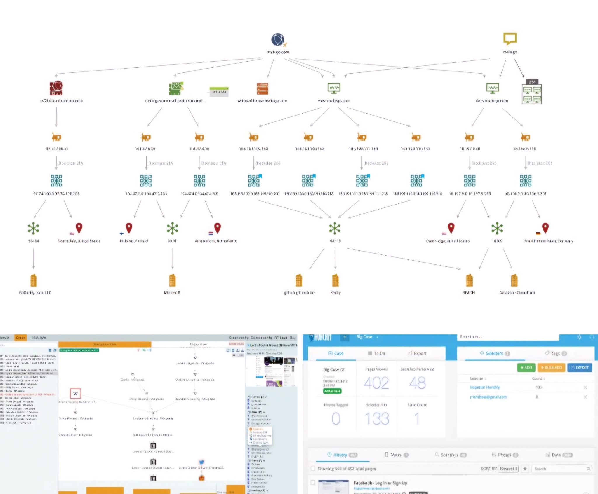 Graficzna wizualizacja struktury sieci z adresami IP, nazwami domen i lokalizacjami geograficznymi, uzupełniona o zrzuty ekranu interfejsów narzędzi do analizy danych.