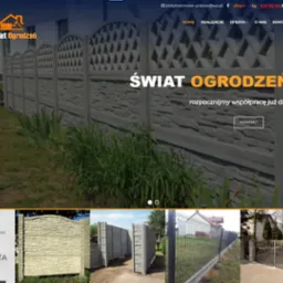Strona internetowa firmy oferującej betonowe ogrodzenia, z widocznym fragmentem ogrodzenia w tle i hasłem 'Świat Ogrodzeń'