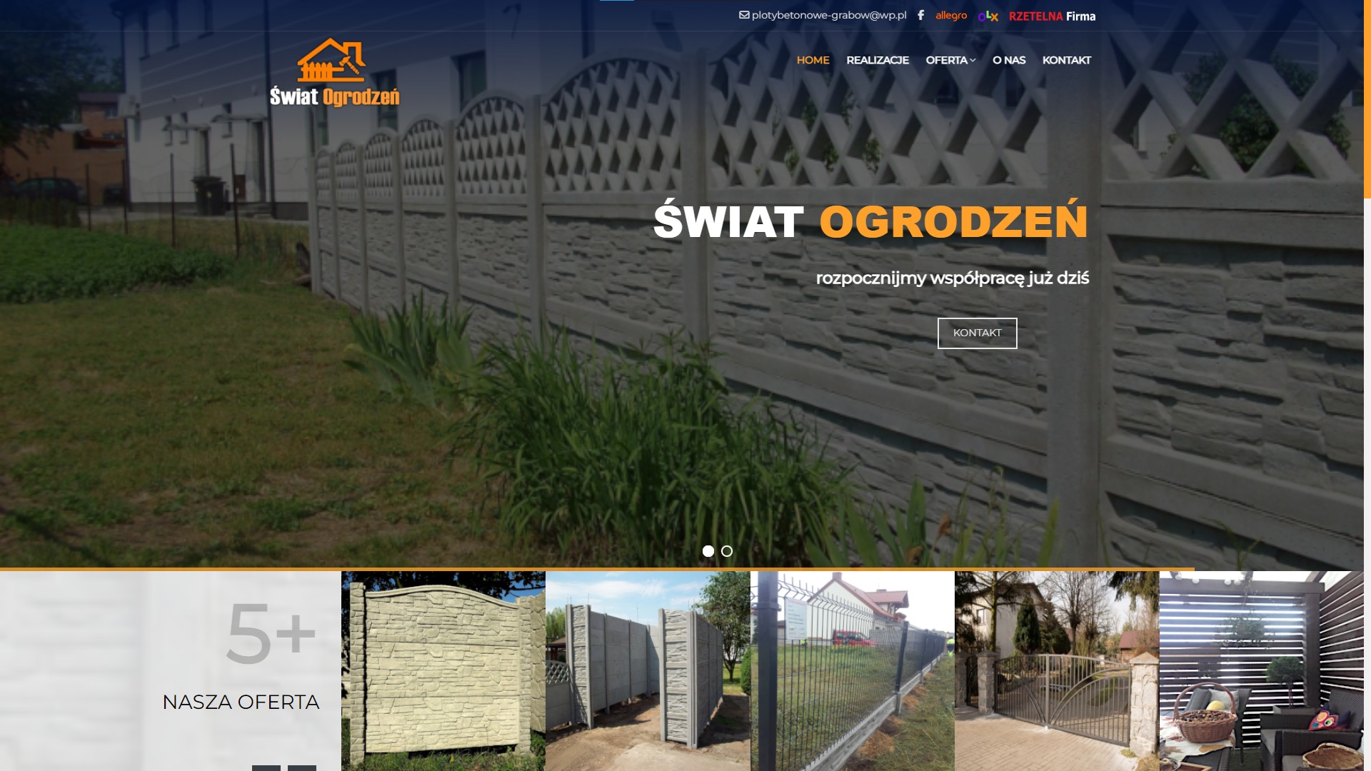 Strona internetowa firmy oferującej betonowe ogrodzenia, z widocznym fragmentem ogrodzenia w tle i hasłem 'Świat Ogrodzeń'