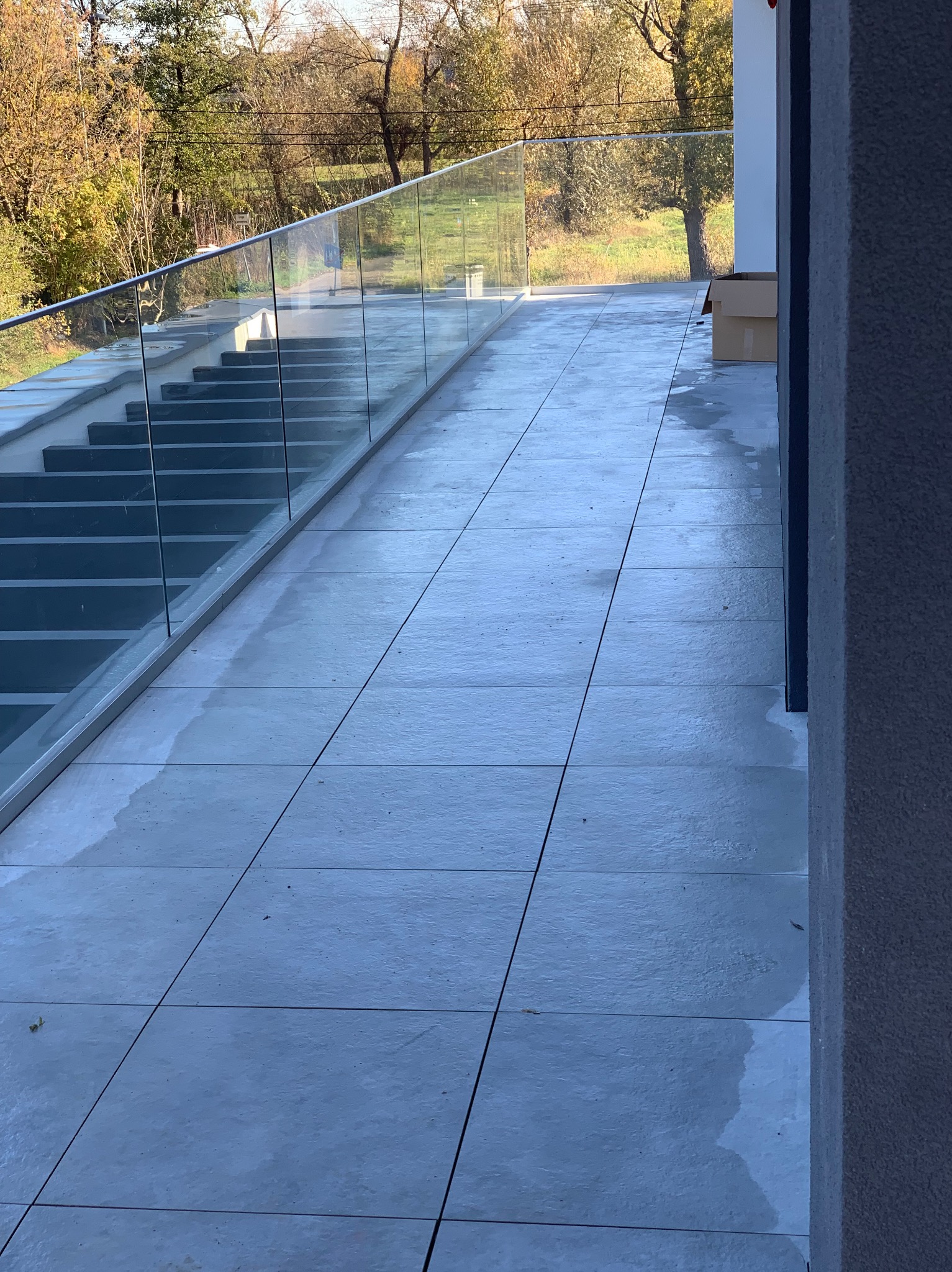 Nowoczesny taras z szarych płytek, przeszkloną balustradą i schodami prowadzącymi w dół, widok na drzewa w tle.