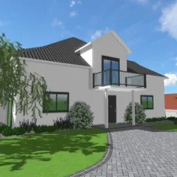 Wizualizacja domu z ogrodem: biała elewacja, ciemna dachówka, balkon z czarną balustradą, ścieżka z kostki brukowej, trawnik i nasadzenia z kwitnących krzewów oraz drzew.