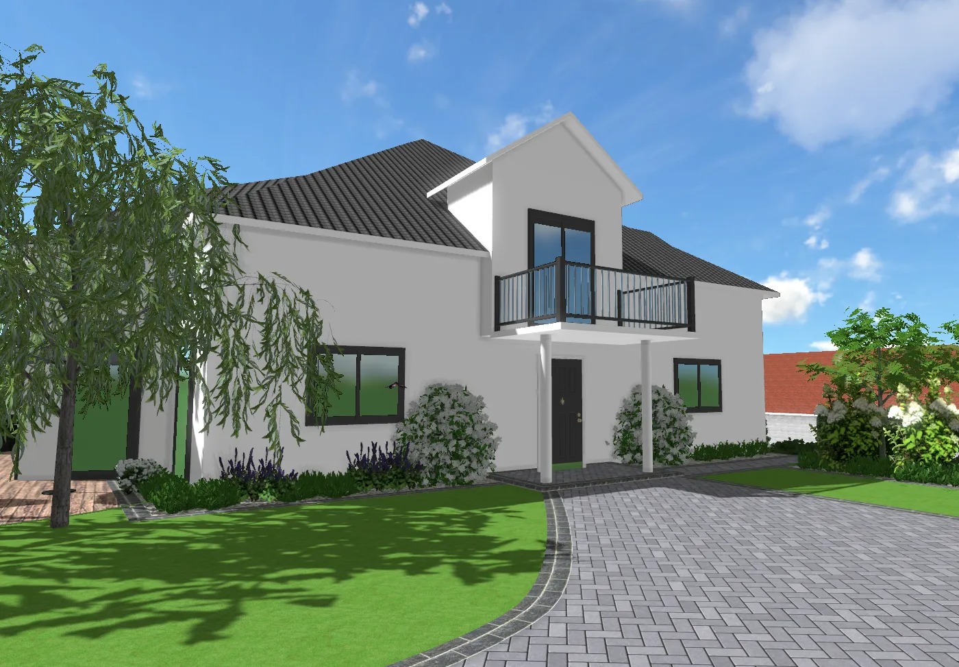 Wizualizacja domu z ogrodem: biała elewacja, ciemna dachówka, balkon z czarną balustradą, ścieżka z kostki brukowej, trawnik i nasadzenia z kwitnących krzewów oraz drzew.