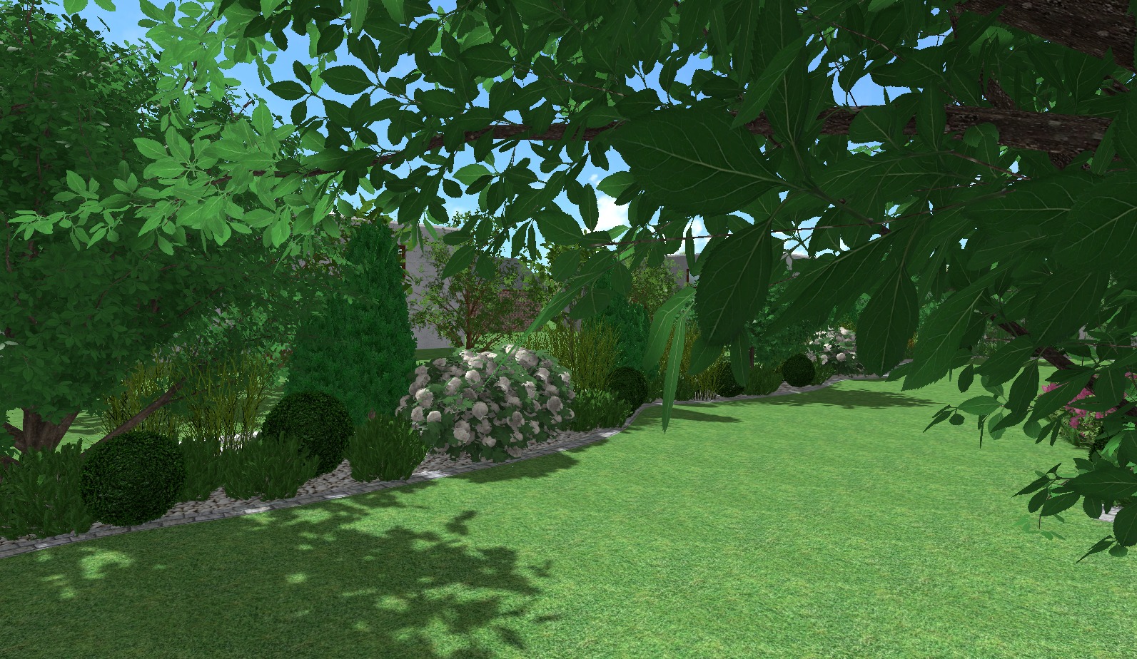 Wizualizacja ogrodu z równo przystrzyżonym trawnikiem, kulistymi krzewami i kwitnącą hortensją na tle drzew i krzewów iglastych.