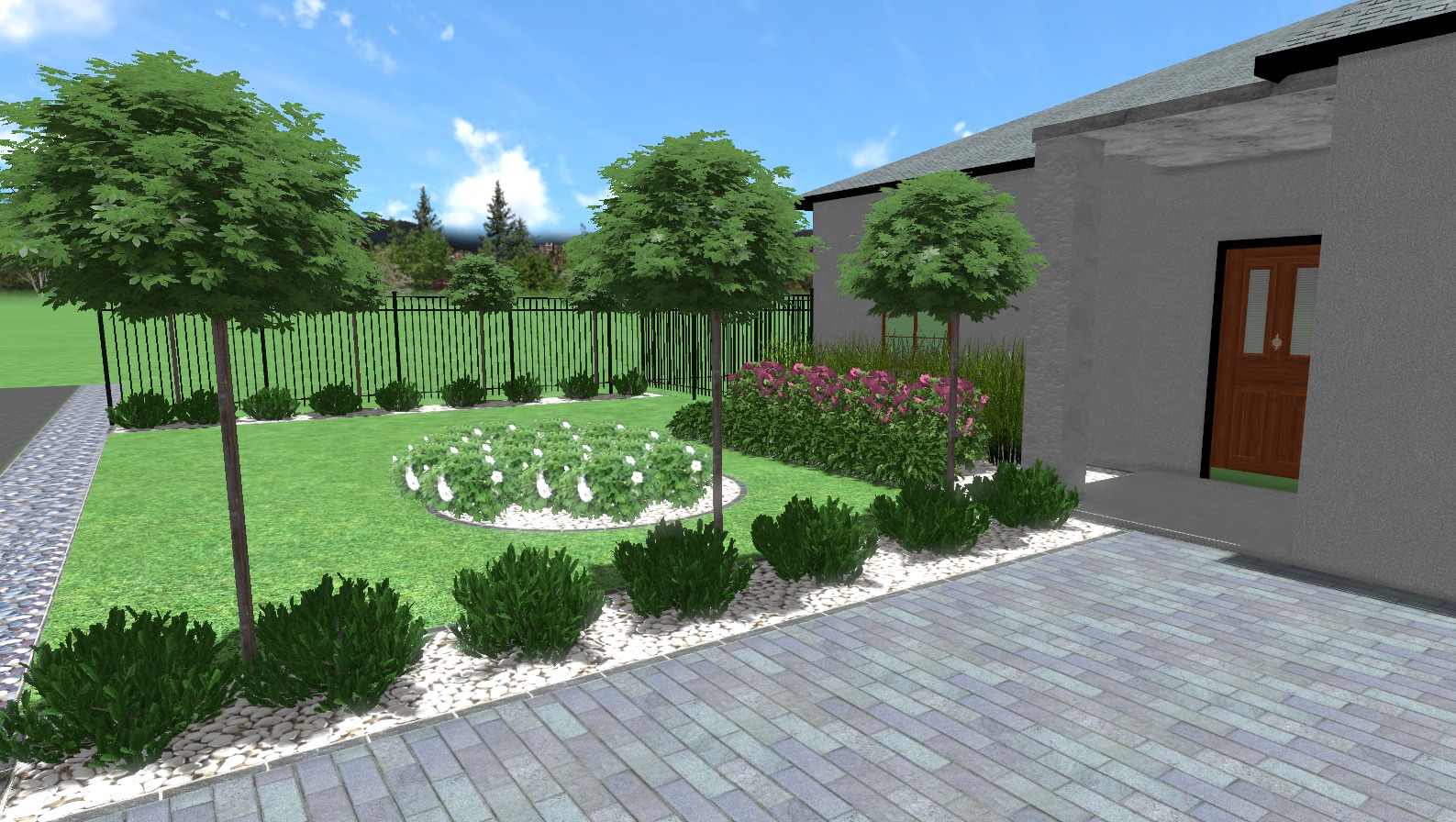 Wizualizacja ogrodu z równo przystrzyżonymi drzewami, okrągłym klombem z białymi kwiatami, niskimi krzewami i ścieżką z kostki brukowej prowadzącą do domu.