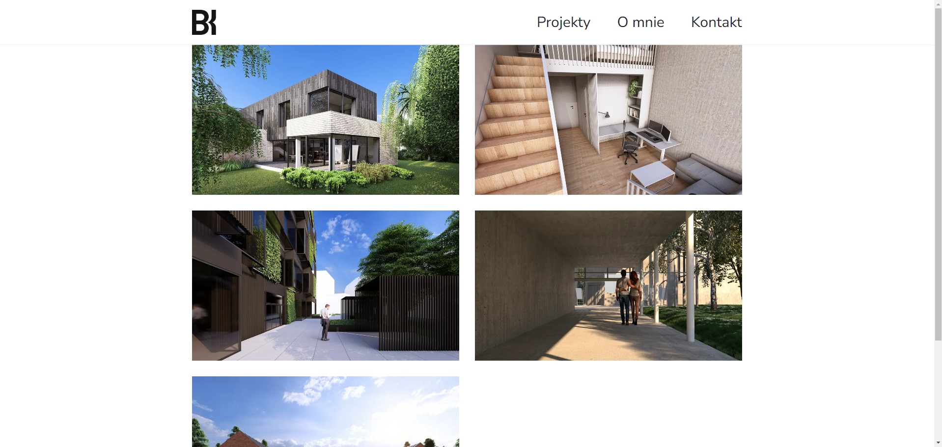 Strona internetowa architekta bochynskiarchitektura.pl prezentująca portfolio z wizualizacjami budynków i wnętrz.