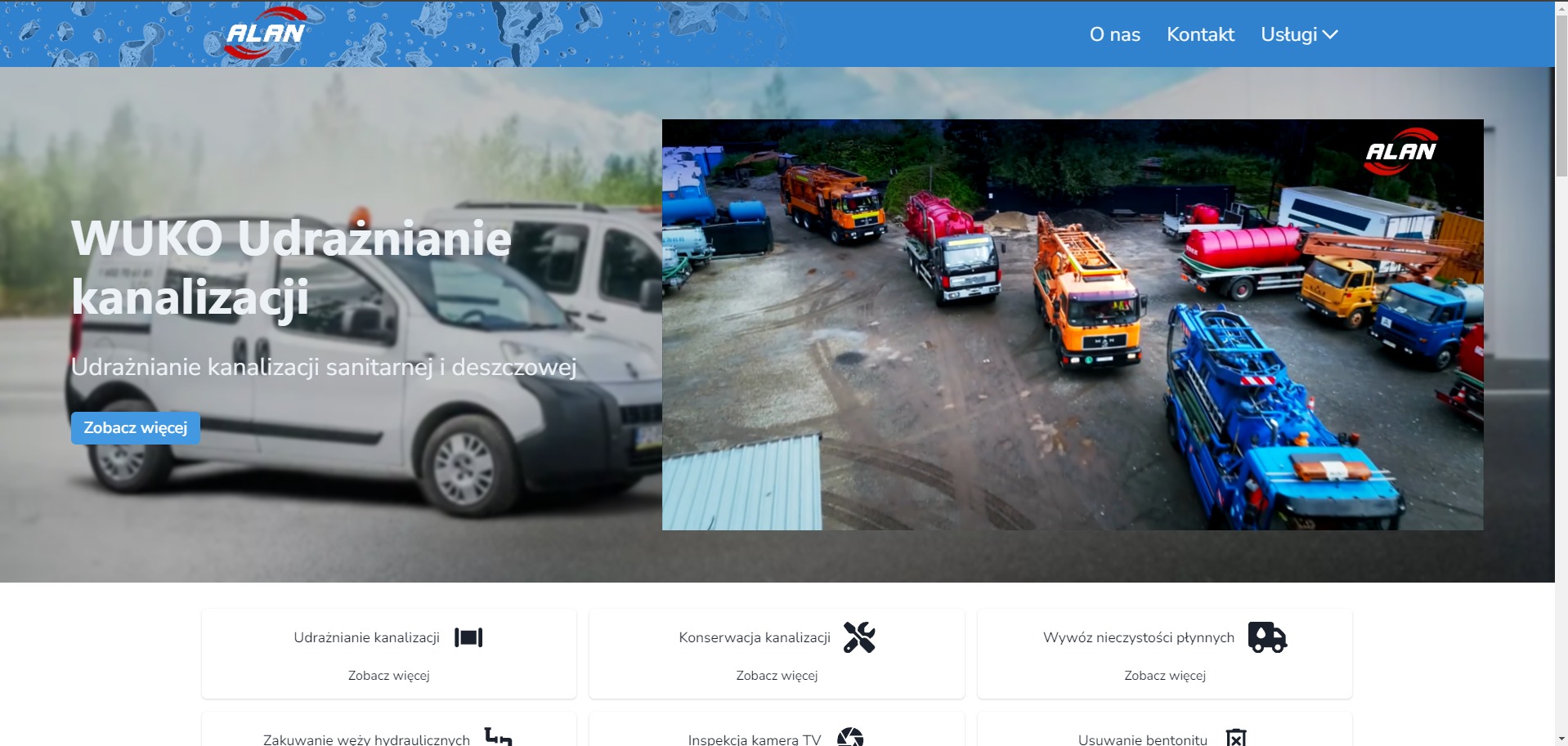 Fragment strony internetowej firmy hydraulicznej wukopoznan.pl, prezentujący usługi udrażniania kanalizacji, z widocznymi pojazdami specjalistycznymi na placu.